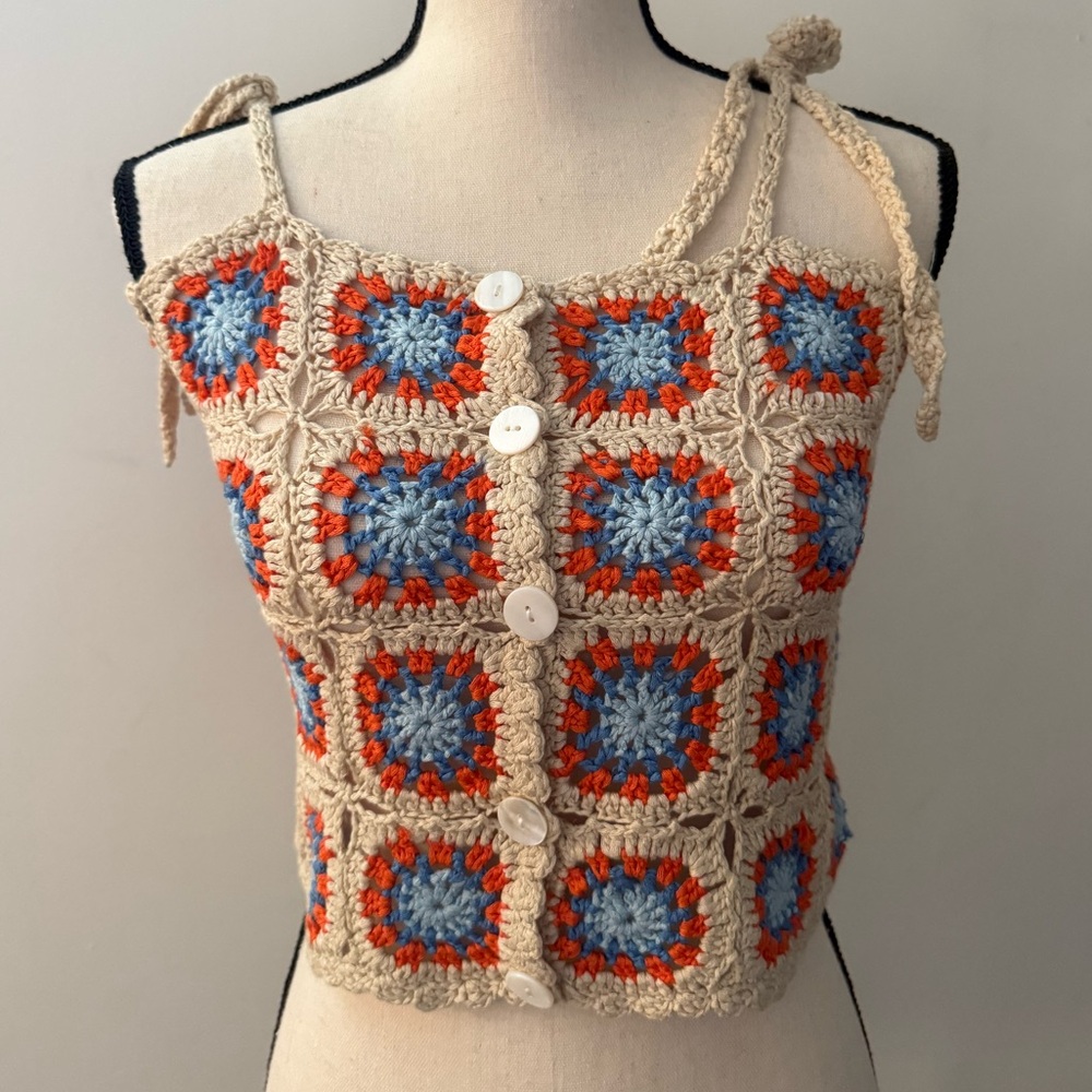 FRNCH Cropped Crochet Tank Top Blue and Orange